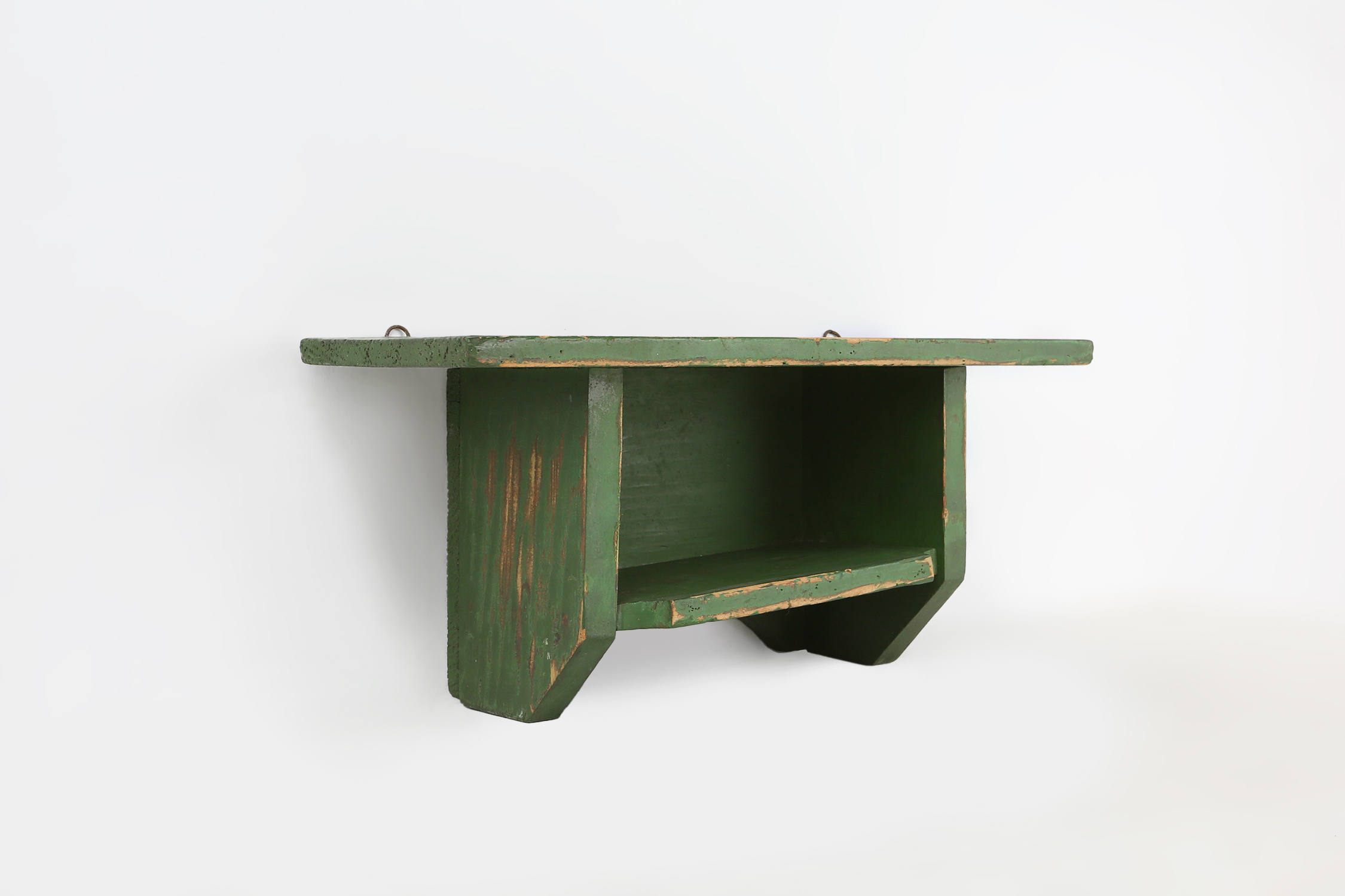 Small Rustic Green Wooden Wall Unit with 2 Shelves, France, 1880sthumbnail